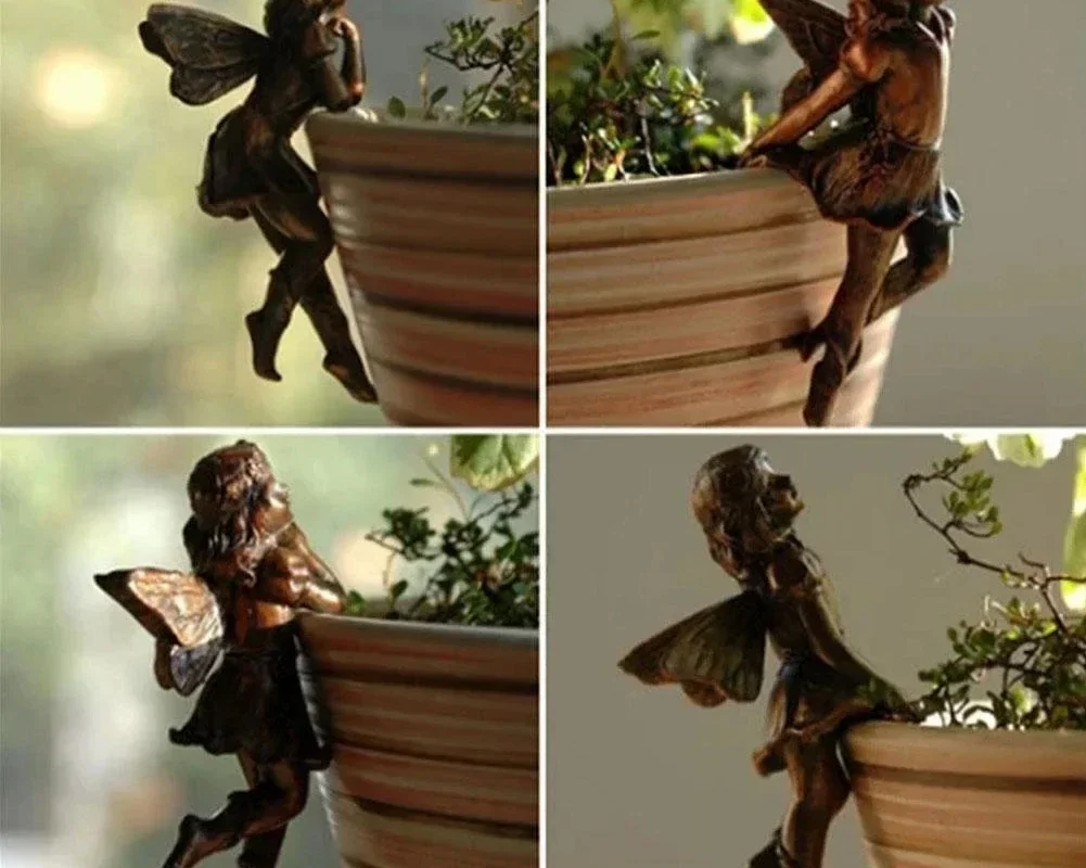 Angel Girl Hanging Cup Resin Decoration - Fairy Pot Huggers with Flower Basket for Garden Design and Decor