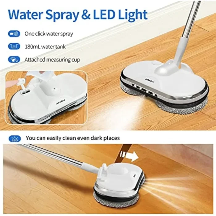 Cordless Electric Mop for Floor Cleaning – AlfaBot WS-24 Electric Spin Mop with Water Sprayer and LED Headlight