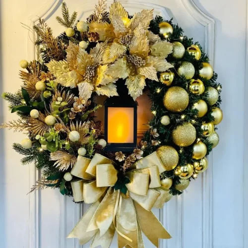 Christmas Wreath with Lights – Big Red Flower, Bow & Ball, Navidad Party Decor for Wall, Door, Window, Fireplace, Staircase, Balcony, Garden