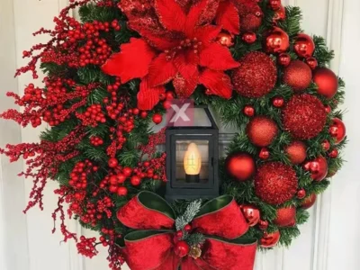 Christmas Wreath with Lights – Big Red Flower, Bow & Ball, Navidad Party Decor for Wall, Door, Window, Fireplace, Staircase, Balcony, Garden