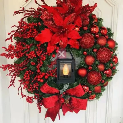 Christmas Wreath with Lights – Big Red Flower, Bow & Ball, Navidad Party Decor for Wall, Door, Window, Fireplace, Staircase, Balcony, Garden