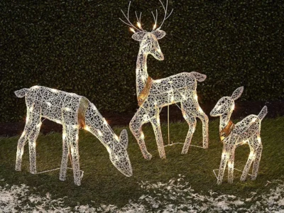 3-Piece Iron Art Elk Deer Christmas Decoration – LED Light Glowing Glitter Reindeer for Home and Outdoor Yard