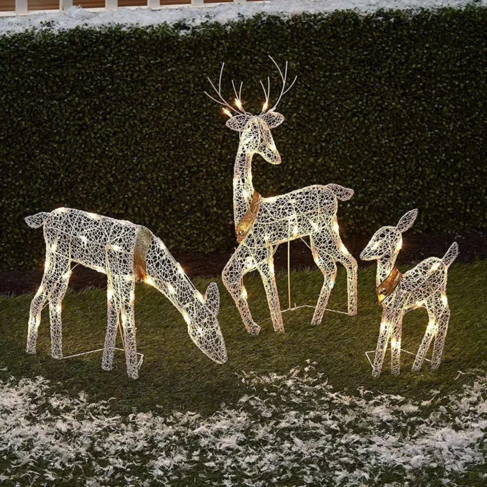 3-Piece Iron Art Elk Deer Christmas Decoration – LED Light Glowing Glitter Reindeer for Home and Outdoor Yard