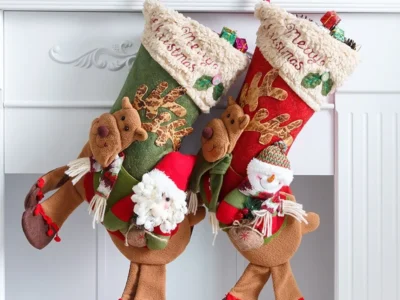 Large Long-Legged Santa Claus & Snowman Riding a Deer – Big Socks & Apple Bag for Children's Christmas Gifts & Decorations