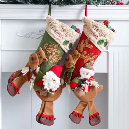 Large Long-Legged Santa Claus & Snowman Riding a Deer – Big Socks & Apple Bag for Children's Christmas Gifts & Decorations