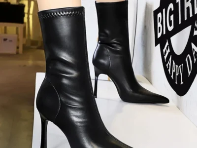 Sexy Mid-Calf Plush Warm Winter Boots - Leather Stiletto High Heel Pointed Toe Fashion Boots for Women