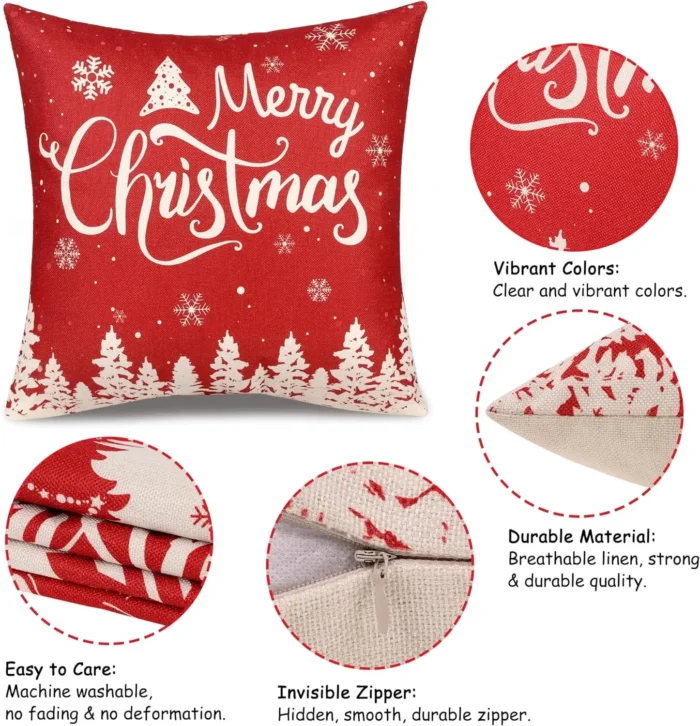 Christmas Pillow Covers 18x18 – Set of 4 Red Throw Pillowcases, Snowflake Farmhouse Linen Cushion Cases for Holiday Decorations