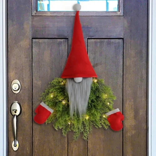 Festive Christmas Wreath with Glowing Gnome Doll Ornament – Front Door Party Scene Decoration for Indoor Use