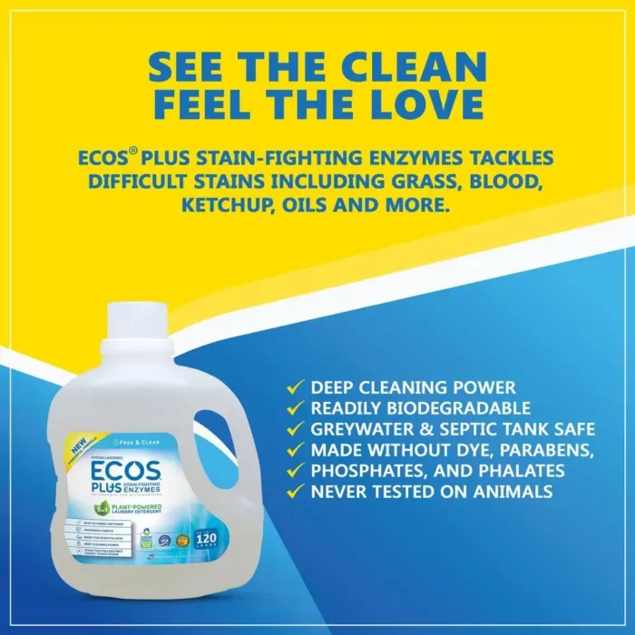 ECOS Free and Clear 110oz Liquid Laundry Detergent Stain-Fighting Enzymes Hypoallergenic Plant-Powered Concentrated Formula