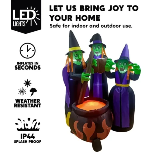 6FT Halloween Inflatable Three Witches Around Cauldron with Flame Light - Image 3