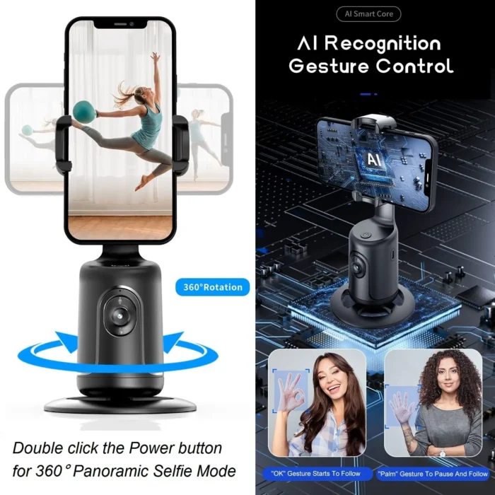 Smart AI Auto Face Tracking Phone Holder - 360° Rotating Gimbal Stabilizer Tripod for Video Recording | Intelligent Follow Camera Robot