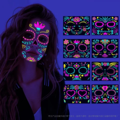 Sugar Skull Stickers – Halloween UV Glow Neon Temporary Tattoos for Day of the Dead - Image 9
