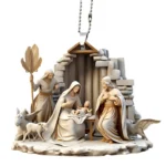 Christmas Pendant Ornament – Jesus Family Prayer Scene, Bright Colored Religious Symbol Pendant for Home & Car