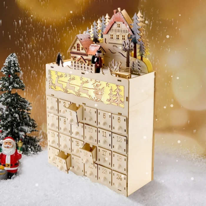 Wooden Christmas Advent Calendar – Countdown to Christmas, LED Holiday Decoration, 24 Drawers with LED Light