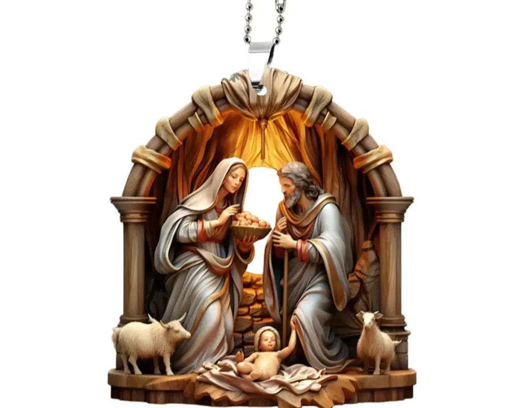 Christmas Pendant Ornament – Jesus Family Prayer Scene, Bright Colored Religious Symbol Pendant for Home & Car