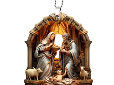Christmas Pendant Ornament – Jesus Family Prayer Scene, Bright Colored Religious Symbol Pendant for Home & Car