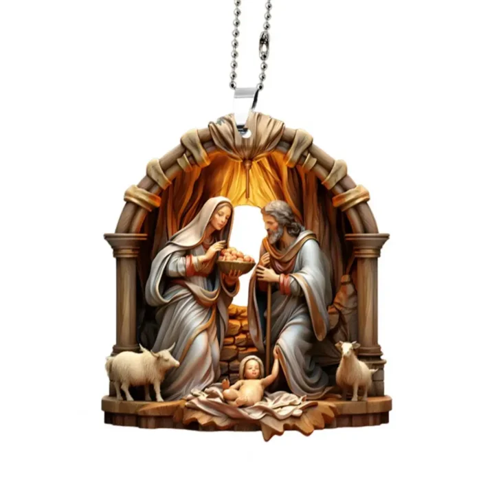 Christmas Pendant Ornament – Jesus Family Prayer Scene, Bright Colored Religious Symbol Pendant for Home & Car