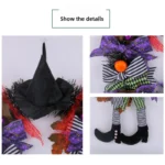 Halloween Signs Wreath with Wicked Witch Legs Pendant – Outdoor Garland with Fake Plants for Front Door Ornament