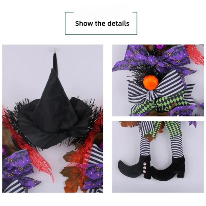 Halloween Signs Wreath with Wicked Witch Legs Pendant – Outdoor Garland with Fake Plants for Front Door Ornament