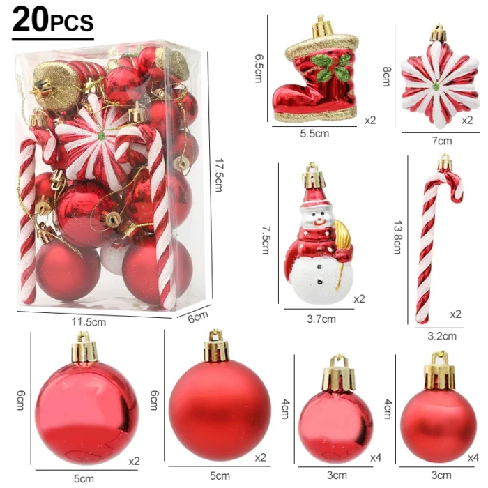 20pcs Christmas Tree Balls & Ornaments – Candy Cane, Pine Cone Set for Home Decoration