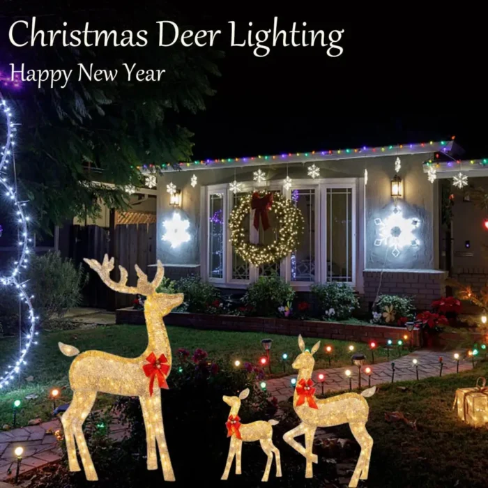 Handmade Gold Christmas Deer Lighting – LED Glowing Glitter Reindeer for Outdoor Yard New Year Decorations