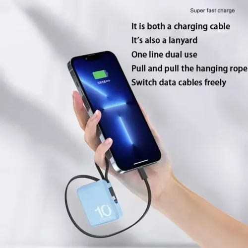 Mini Power Bank with Built-In Cord - Portable Compact 10000mAh External Battery for Fast Charging | Mobile Phone Accessories