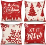 Christmas Pillow Covers 18x18 – Set of 4 Red Throw Pillowcases, Snowflake Farmhouse Linen Cushion Cases for Holiday Decorations