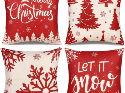 Christmas Pillow Covers 18x18 – Set of 4 Red Throw Pillowcases, Snowflake Farmhouse Linen Cushion Cases for Holiday Decorations