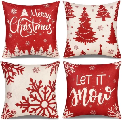 Christmas Pillow Covers 18x18 – Set of 4 Red Throw Pillowcases, Snowflake Farmhouse Linen Cushion Cases for Holiday Decorations