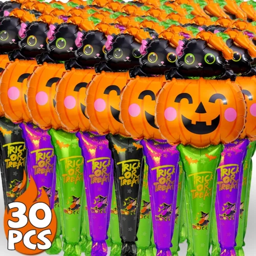 10/30pcs Halloween Balloon Stick Set – Witch, Pumpkin, Cat, and Ghost Balloons