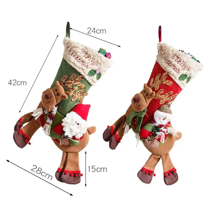 Large Long-Legged Santa Claus & Snowman Riding a Deer – Big Socks & Apple Bag for Children's Christmas Gifts & Decorations