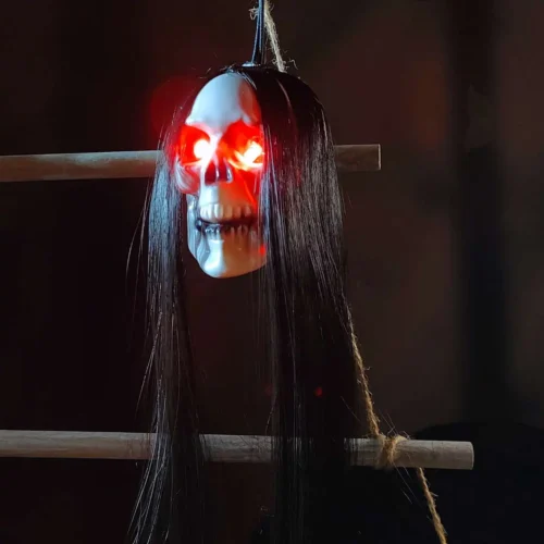 Halloween Hanging Ghost Skull with Long Hair and Glowing Eyes – Terror Skeleton Props