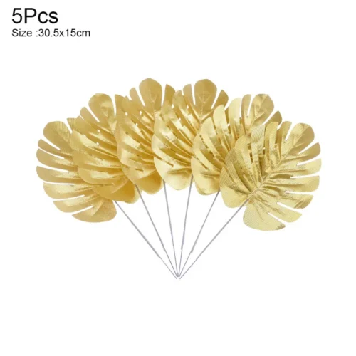 5Pcs Artificial Tropical Palm Tree & Gold Silk Turtle Leaves - Fake Plants for Hawaii Wedding, Jungle Birthday Party Decor