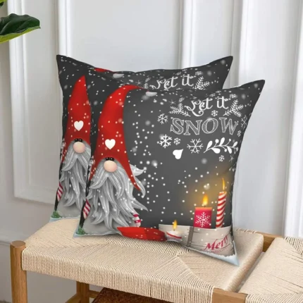 Christmas Throw Cushion Covers 18x18 Inch – Merry Christmas Gnome & Winter Snowflakes Decorative Pillow Covers, Set of 2