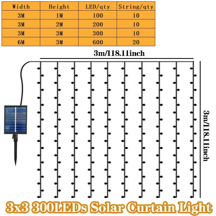 Solar-Powered 3x1M/3x2M/3x3M LED Copper Wire Curtain String Lights - Waterproof Outdoor Window Lights for Christmas, Party, & Wedding Decor