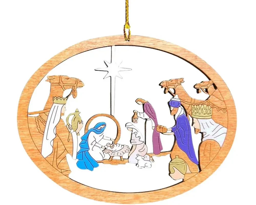 Nativity Scene Wooden Pendant – Hollow Decoration, Lovely & Delicate Ornament for Christmas Tree