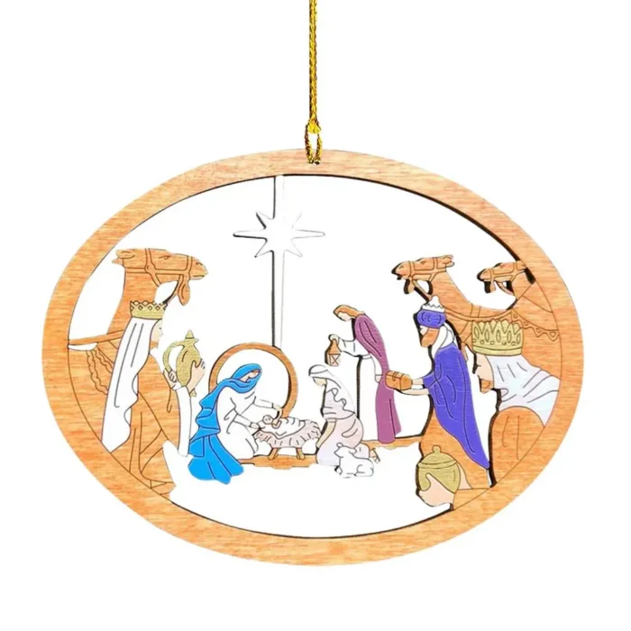 Nativity Scene Wooden Pendant – Hollow Decoration, Lovely & Delicate Ornament for Christmas Tree