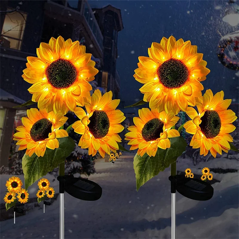 3-Head LED Solar Sunflower Lights - Outdoor Landscape Lamps for Garden, Yard, and Lawn Decor, Christmas Flower Night Lights