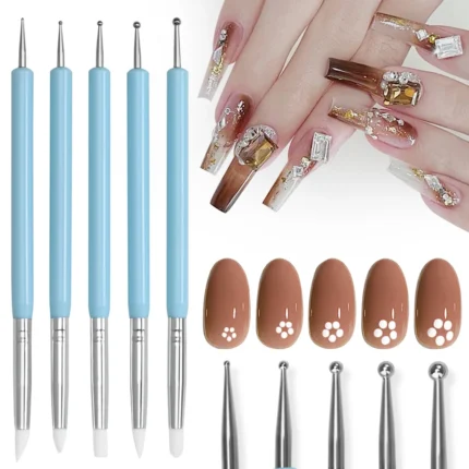 5Pcs/Set Double-Ended Silicone Head Carving & Dotting Pen Set - Stainless Steel Sculpting Tools for Polymer Clay, DIY Gel Manicure