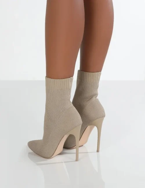 Luxury Women’s Beige Sock Boots – High Heel Stiletto Boots, Exotic Dancer Style, Winter Fashion Stretch Fabric, Plus Sizes Available