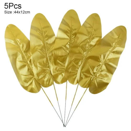 5Pcs Artificial Tropical Palm Tree & Gold Silk Turtle Leaves - Fake Plants for Hawaii Wedding, Jungle Birthday Party Decor