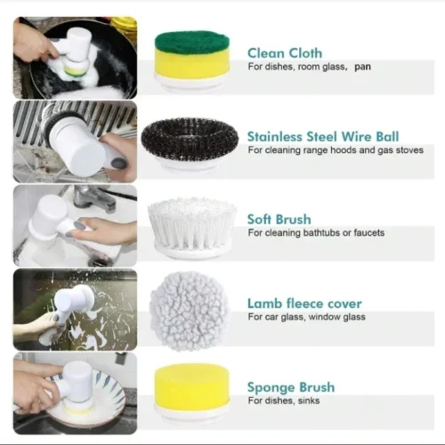 Powerful Electric Spin Scrubber – 5 Brush Heads, USB Charging, for Bathroom & Kitchen