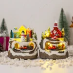 Christmas House Village Music Box – Electric Glowing Snow Village with Santa Claus, Miniature Ornaments for Xmas Decor