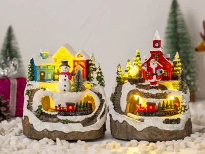 Christmas House Village Music Box – Electric Glowing Snow Village with Santa Claus, Miniature Ornaments for Xmas Decor