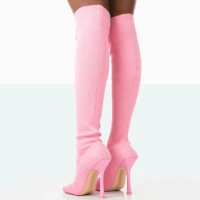 Women's Pink Knitted Elastic Knee High Boots - Square Toe, Stiletto Heel, Slip-On Winter Shoes