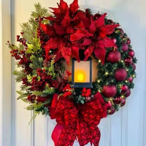 Christmas Wreath with Lights – Big Red Flower, Bow & Ball, Navidad Party Decor for Wall, Door, Window, Fireplace, Staircase, Balcony, Garden