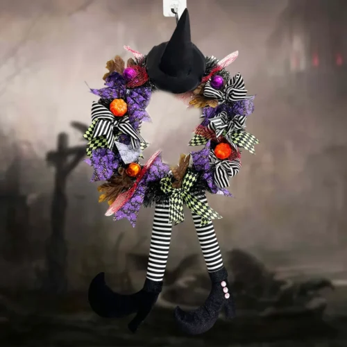Halloween Wreath with Long-Legged Witch – Wall Hanging Front Door Decorative Pendant for Indoor and Outdoor Decoration