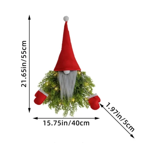Festive Christmas Wreath with Glowing Gnome Doll Ornament – Front Door Party Scene Decoration for Indoor Use