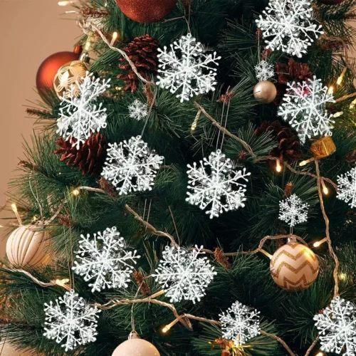 30pcs White Snowflake Ornaments – Glittery Artificial Snowflakes for Xmas Trees, Windows, DIY Wreaths, & New Year Party Decorations
