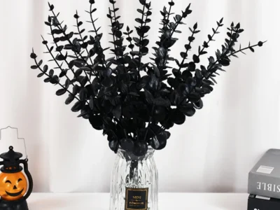 10/20Pcs Black Artificial Eucalyptus Branches – Faux Real Touch Leaves for Halloween, Centerpieces, & Home Decor